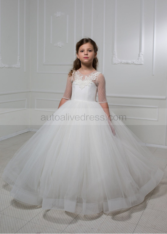 Dotted Tulle Lace Keyhole Back Ivory Flower Girl Dress